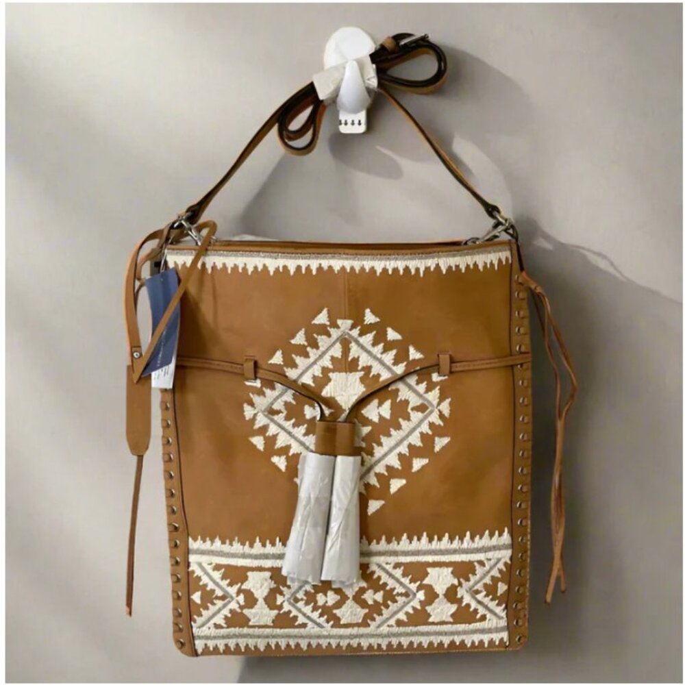 Rebecca Minkoff Boho Drawstring Leather Crossbody Bag Brown Aztec Suede